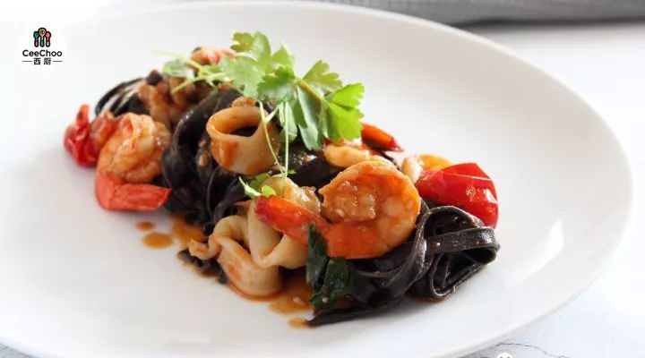 Squid ink pasta with seafood