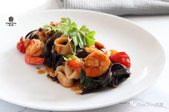 Squid ink pasta with seafood